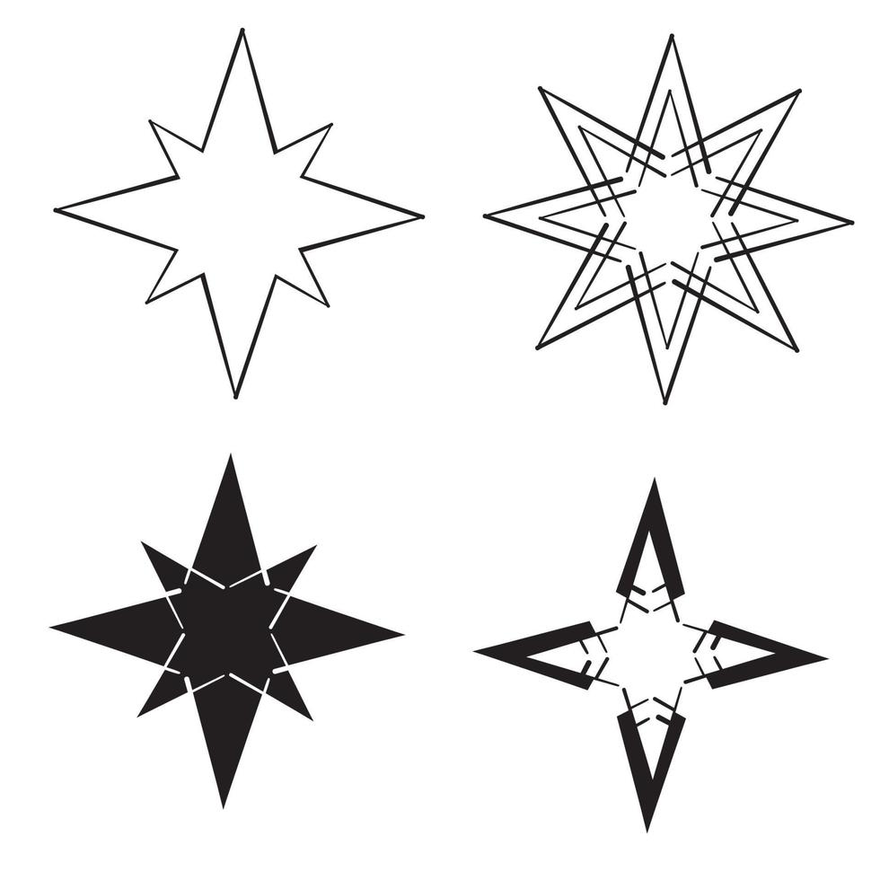 iconos de estrellas. destellos, explosión brillante. estrella de símbolos vectoriales con estilo de arte de línea de doodle dibujado a mano aislado sobre fondo blanco vector