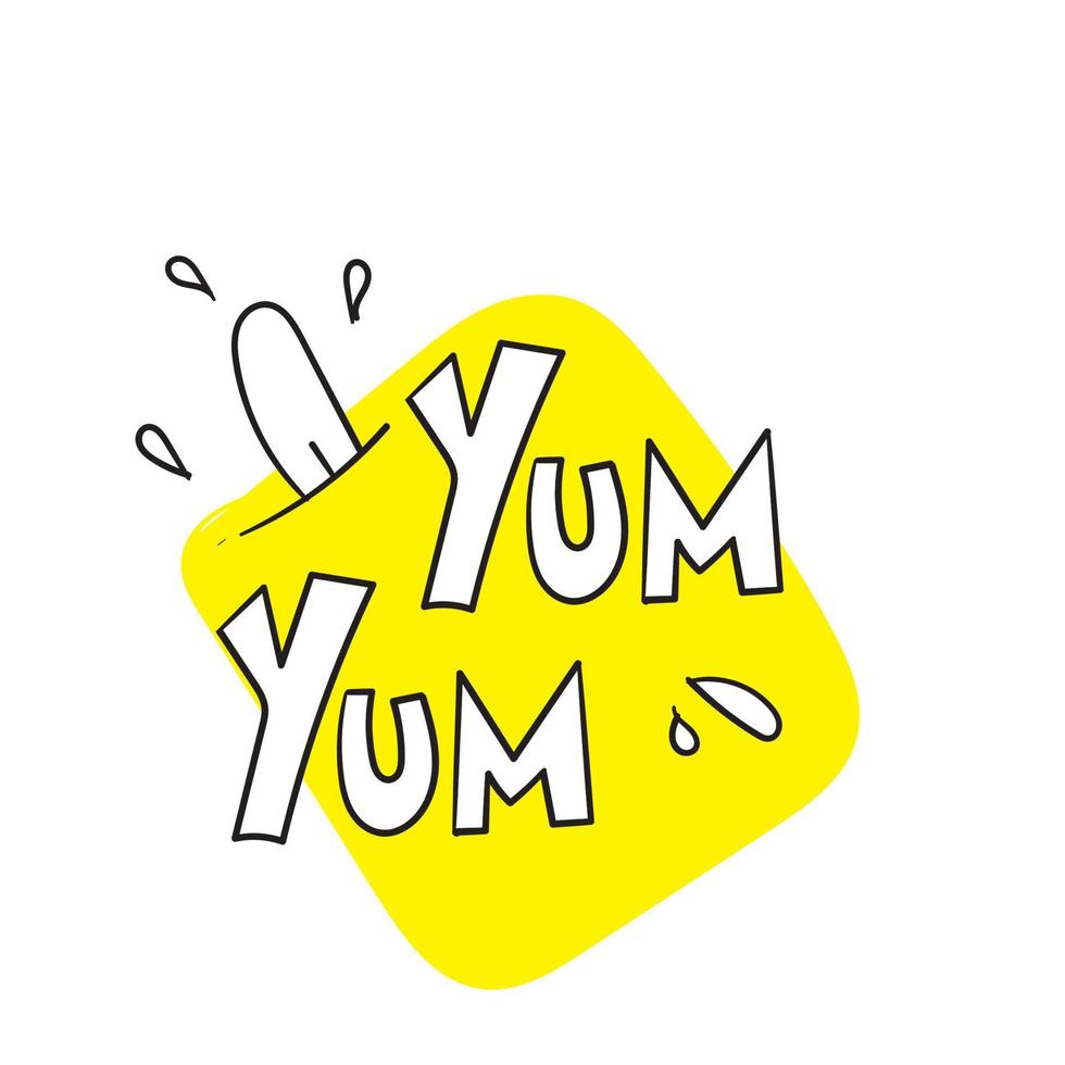 yum yum diseño de texto doodle para imprimir. ilustración vectorial con estilo de caligrafía dibujada a mano de dibujos animados. aislado en blanco vector