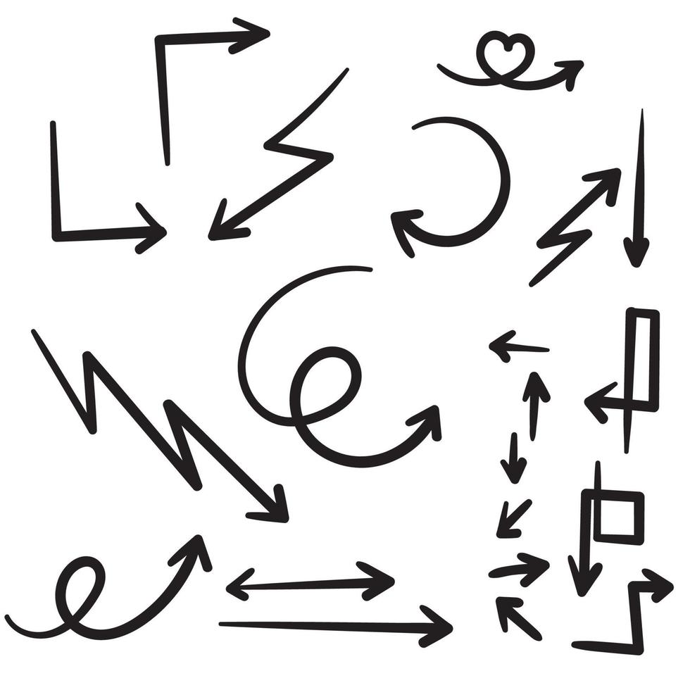 colección de flechas vectoriales dibujadas a mano doodle aislado sobre fondo blanco. Ilustración de vector de elemento de diseño.