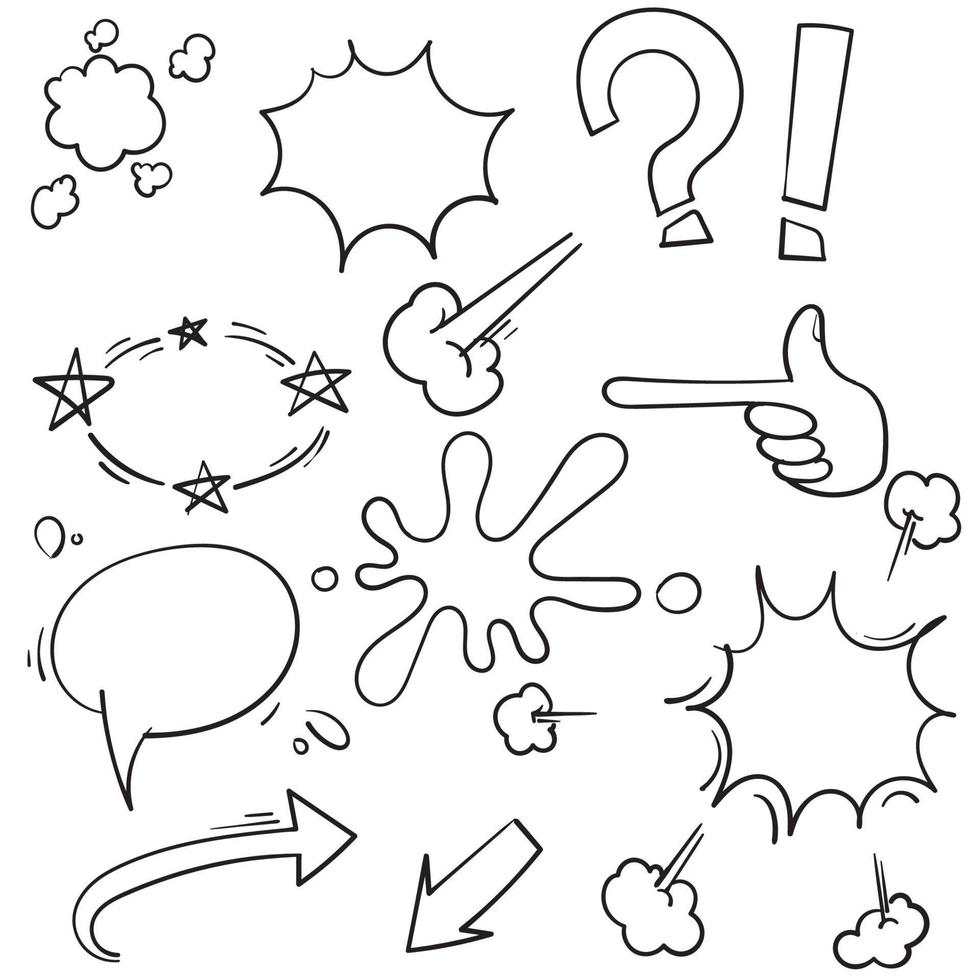 Vector hand drawn comic elements doodles with thin line style isolated on white