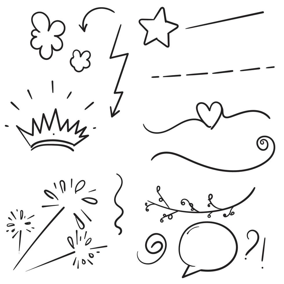 elementos de doodle dibujados a mano negro sobre fondo blanco. flecha, corazón, amor, estrella, hoja, sol, luz, flor, margarita, corona, rey, reina, swishes, swoops, énfasis, remolino, corazón, para el diseño de concepto. vector