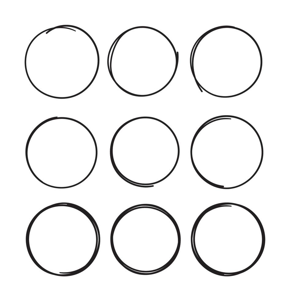 conjunto de croquis de línea de círculo dibujado a mano. garabatos circulares garabatos círculos redondos para elemento de diseño de marca de nota de mensaje. lápiz o bolígrafo graffiti burbuja o dibujo de bola ilustración con estilo de dibujo único vector