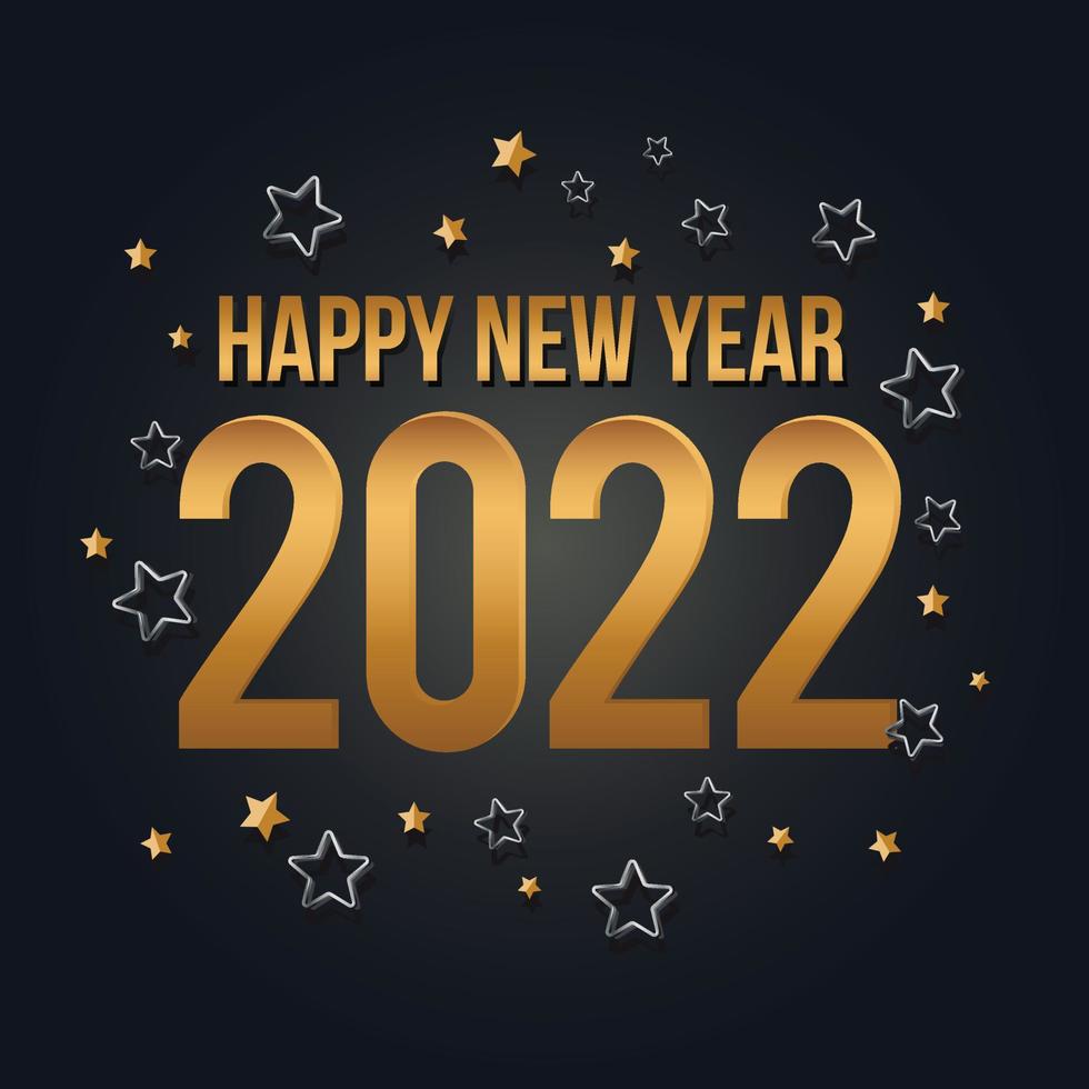 2022 Happy New Year greeting card with golden confetti. Gold and black celebration design. Luxury party template. Merry Christmas poster with text and light number decor. Vector illustration