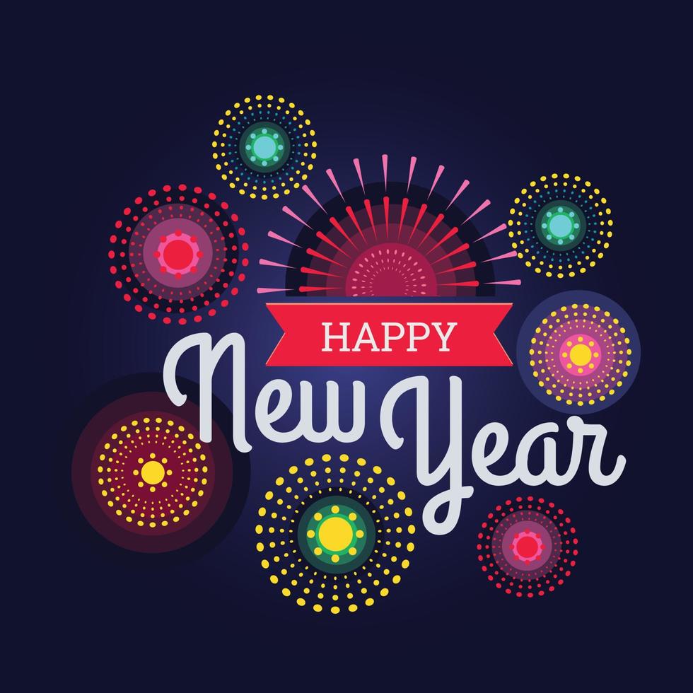 Colorful fireworks 2022 New Year vector illustration, bright on dark blue background, text Happy New Year. Flat style abstract, geometric design. Concept for holiday decor, card, poster, banner, flyer