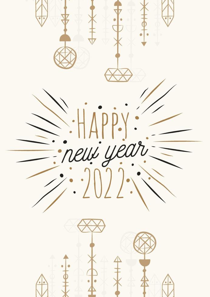 Happy New Year 2022. Vintage style. Beautiful greeting card poster calligraphy black text word gold fireworks. Vector illustration.