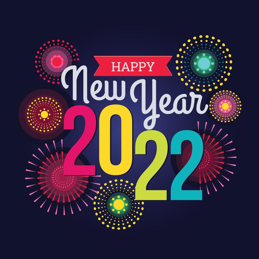 Colorful fireworks 2022 New Year vector illustration, bright on dark blue background, text Happy New Year. Flat style abstract, geometric design. Concept for holiday decor, card, poster, banner, flyer