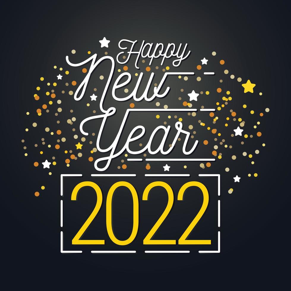 Tarjeta de felicitación de feliz año nuevo 2022 con estrella de confeti dorado y diseño de celebración negra de lujo vector