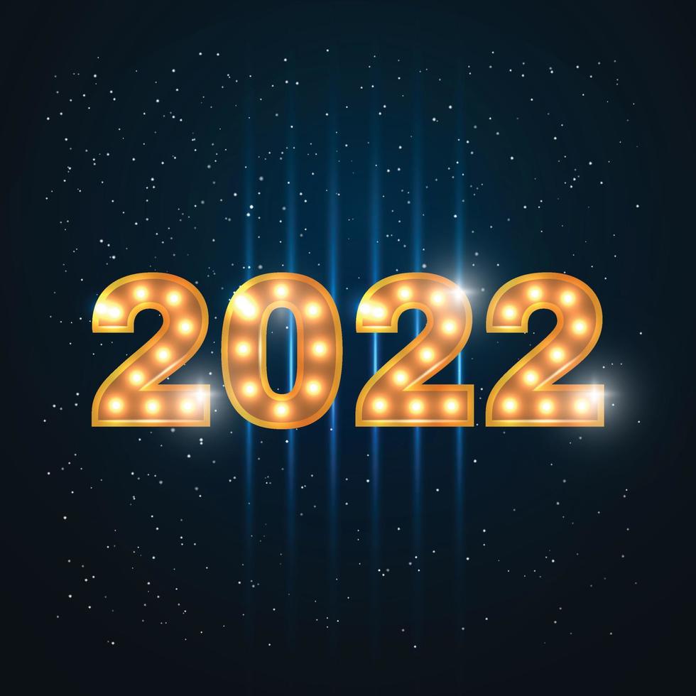 2022 Happy New Year gold text on a blue background for greeting card. Vector illustration.