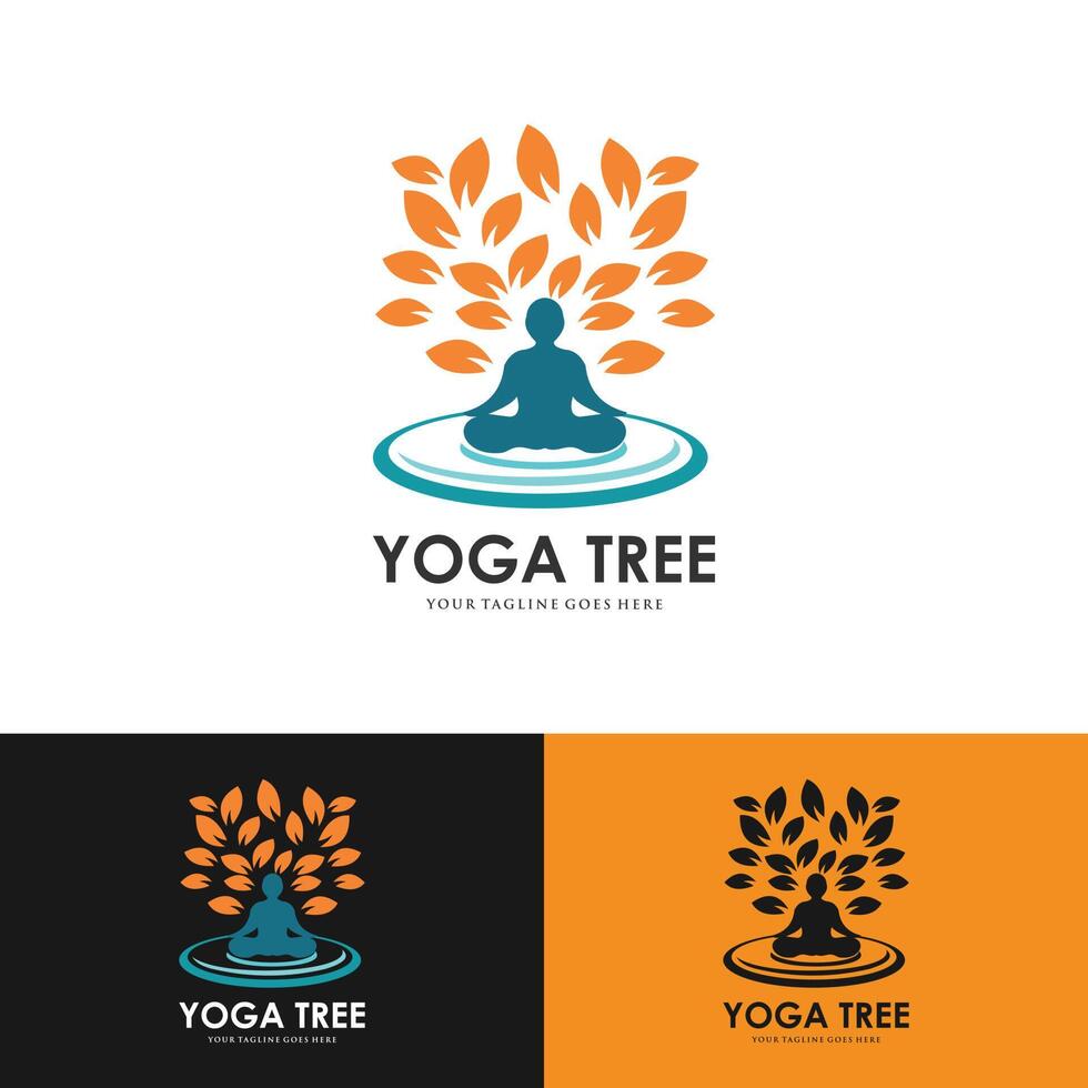 Tree yoga logo. Silhouette of a person in meditation in a round frame ...