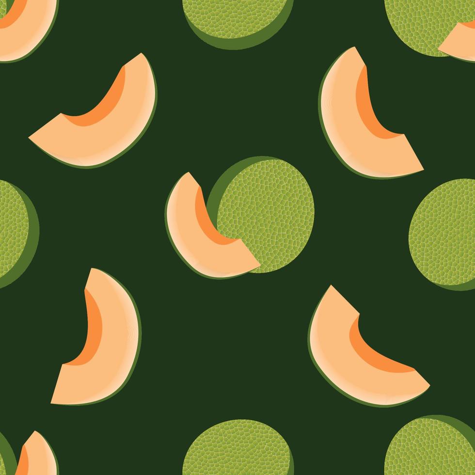 musk melon repeat pattern, Fruity repeat pattern vector illustration created with muskmelon fruit on green background.