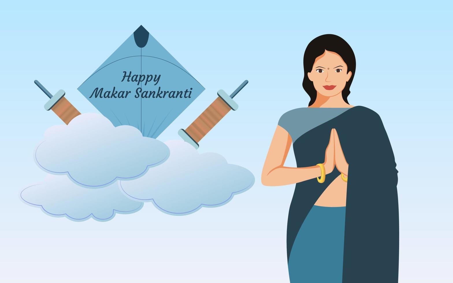 chica en pose de namaste sobre fondo azul con nubes, charkhi y cometa, feliz makar sankranti ilustración vectorial. vector