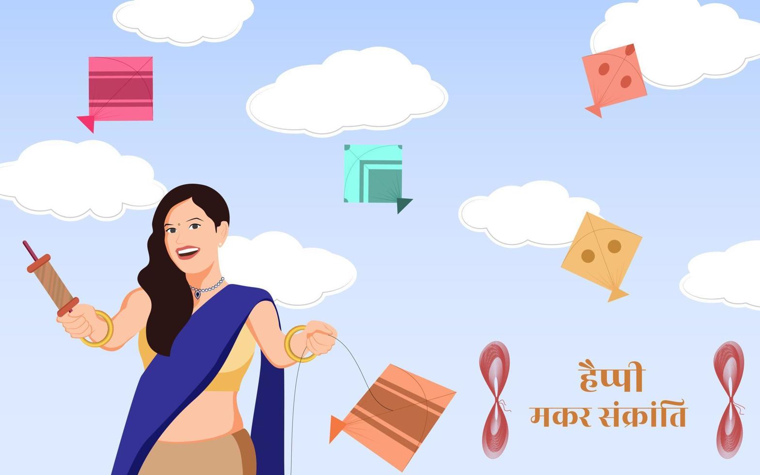 niña india con charkhi y patang sobre fondo azul degradado con formas de nubes, ilustración vectorial para el festival makar sankranti, vector