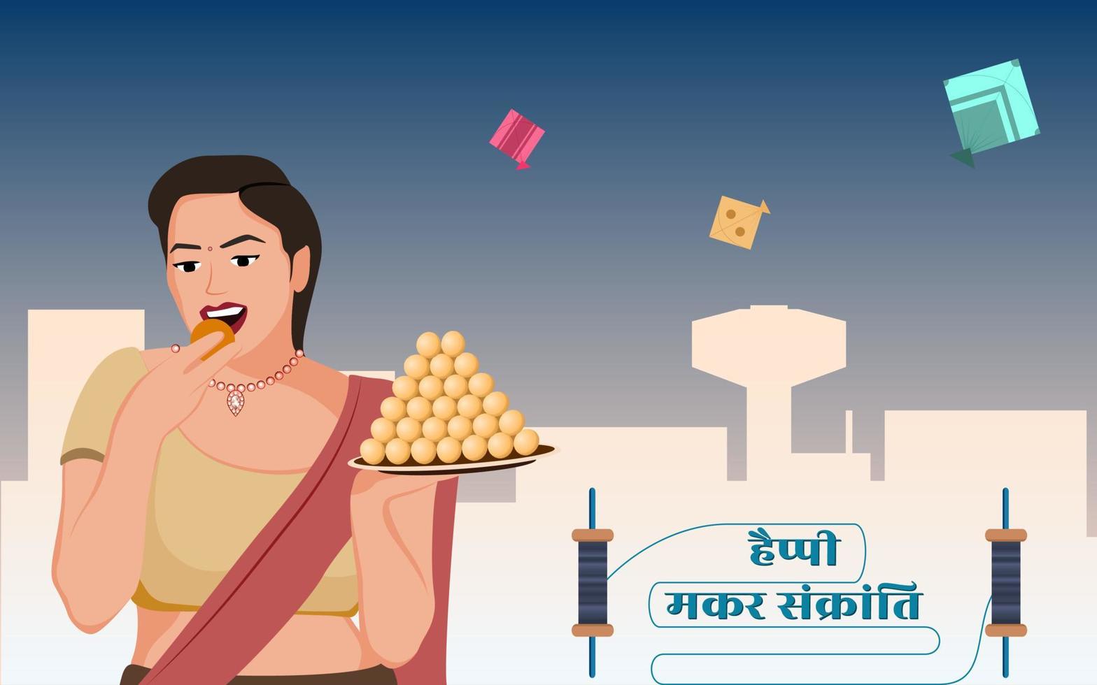 hermosas mujeres comiendo laddoo, feliz makar sankranti ilustración vectorial, vector