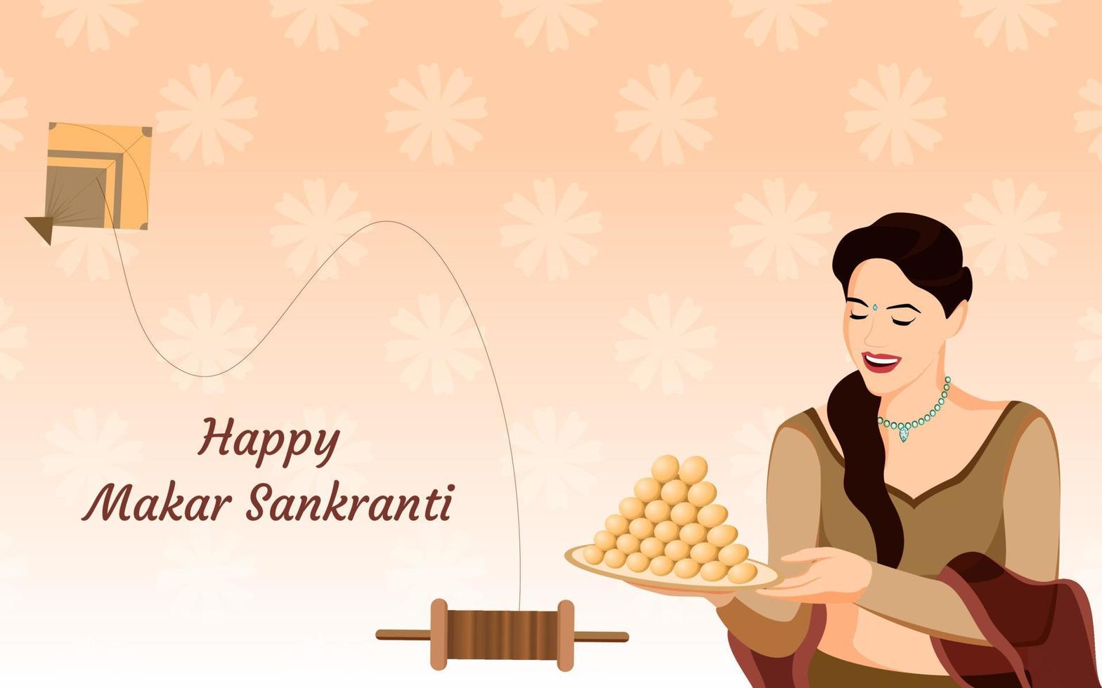 mujeres indias con thali de laddoo dulce sobre fondo de diseño de patrón simple dibujado a mano con charkhi y patang. ilustración vectorial para el festival makar sankranti. vector