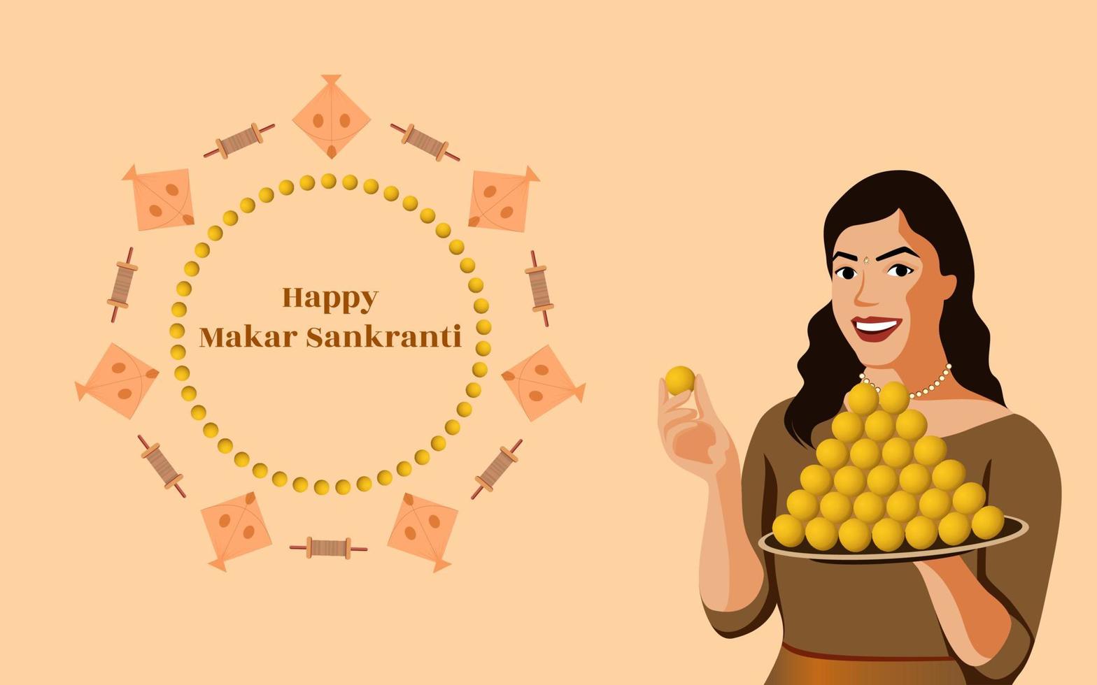 Indian girl with thali of laddoo sweet on flat color background, Circular pattern created with objects like kites laddoo and charkhi with the text Happy makar sankranti. vector