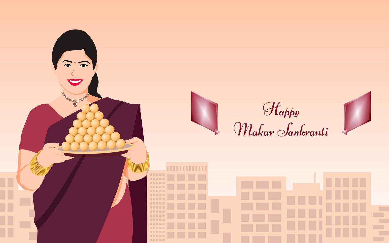 mujer india con thali de laddoo dulce sobre fondo de silueta de edificio con texto feliz makar sankranti. vector