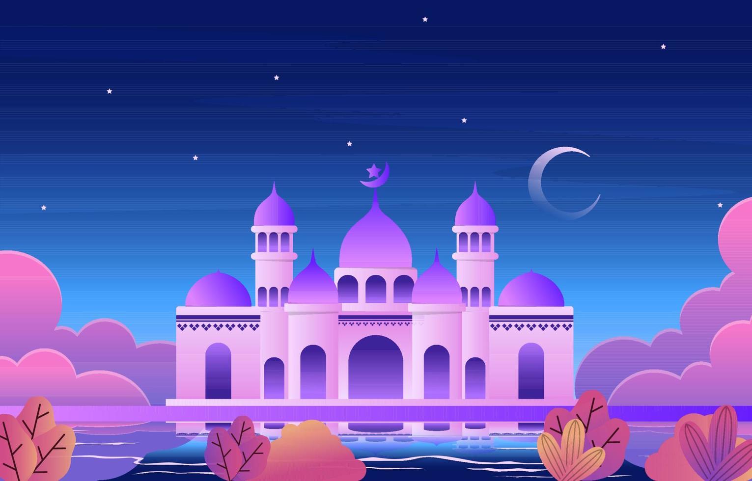 Night Mosque Ramadan Kareem Eid Mubarak Islamic Muslim Celebration Card vector