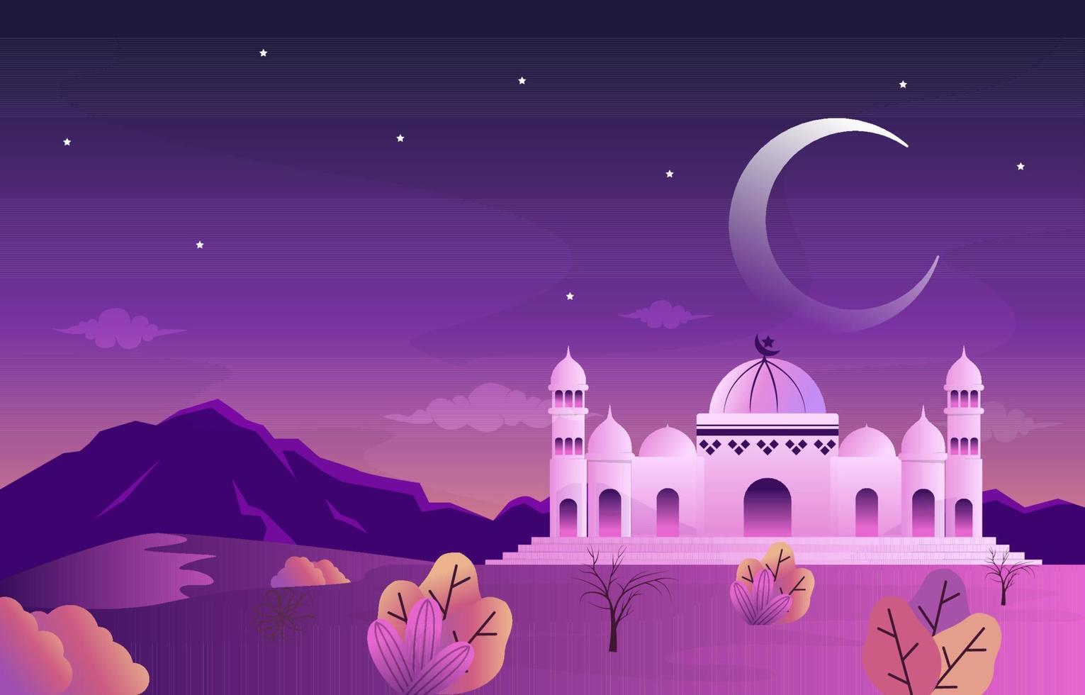 Night Mosque Ramadan Kareem Eid Mubarak Islamic Muslim Celebration Card vector