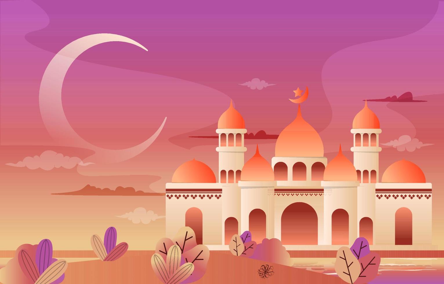 Night Mosque Ramadan Kareem Eid Mubarak Islamic Muslim Celebration Card vector