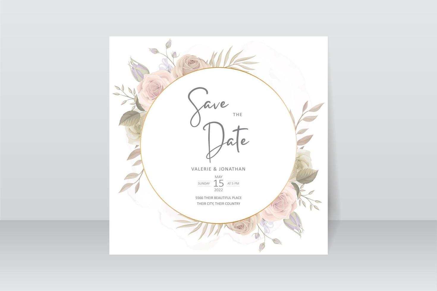 Plantilla de invitación de boda con decoración floral y hojas. vector