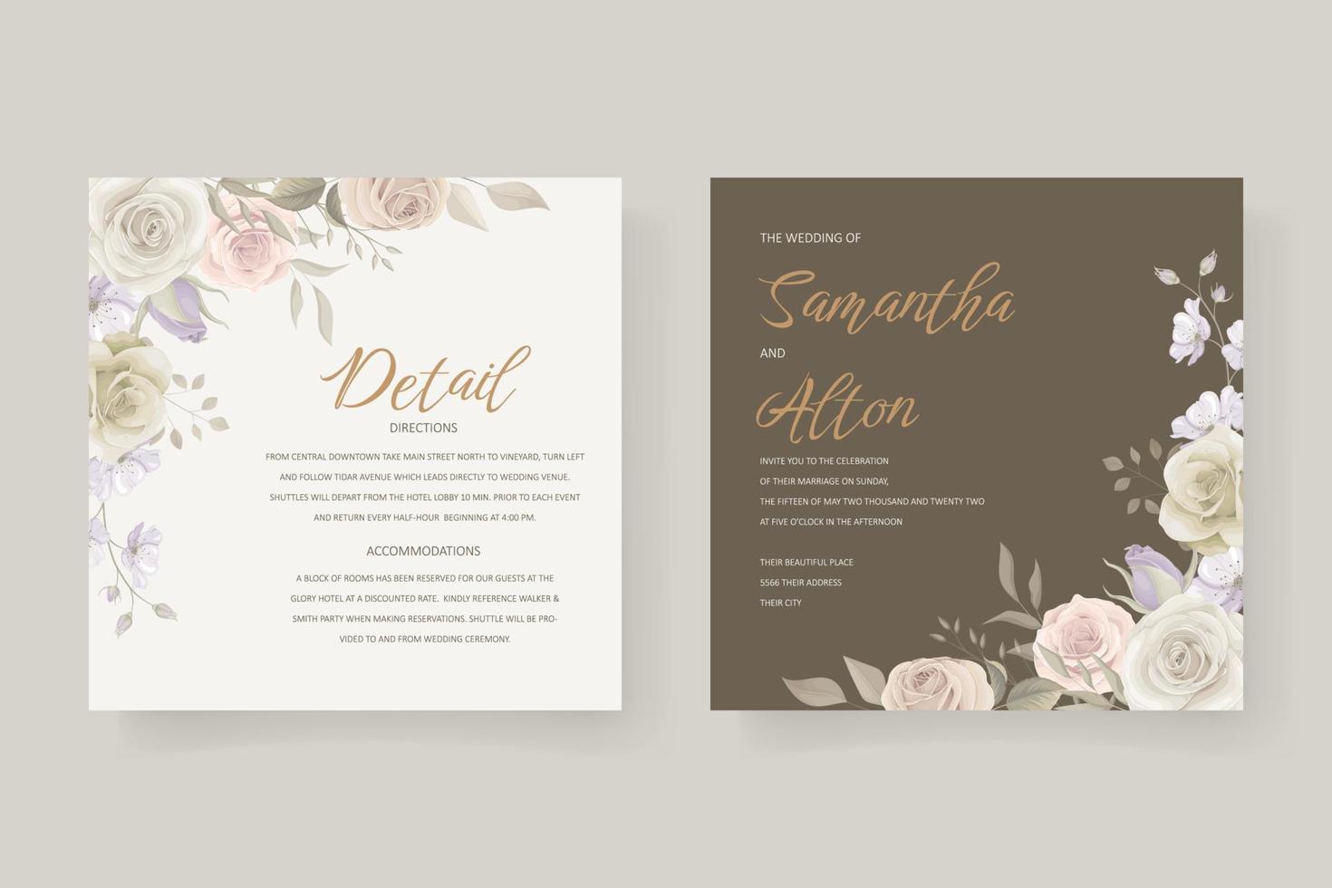 Wedding invitation template set with floral and leaves decoration vector