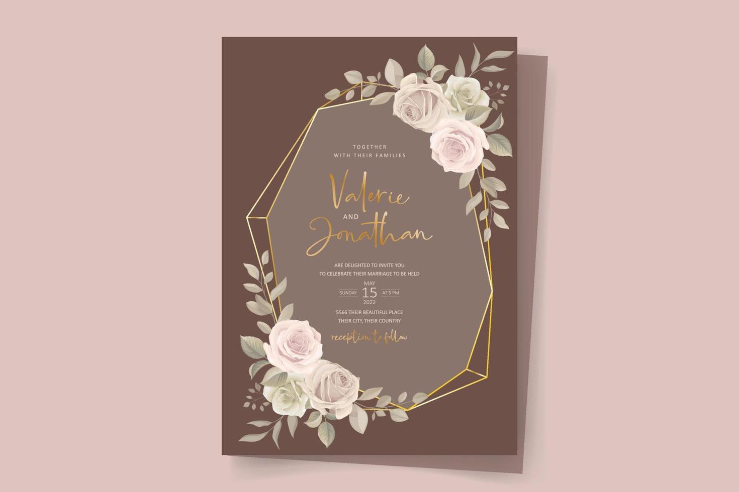 Wedding invitation template set with floral and leaves decoration vector