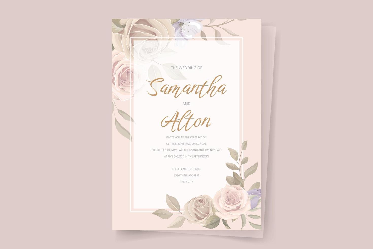 Plantilla de invitación de boda con decoración floral y hojas. vector