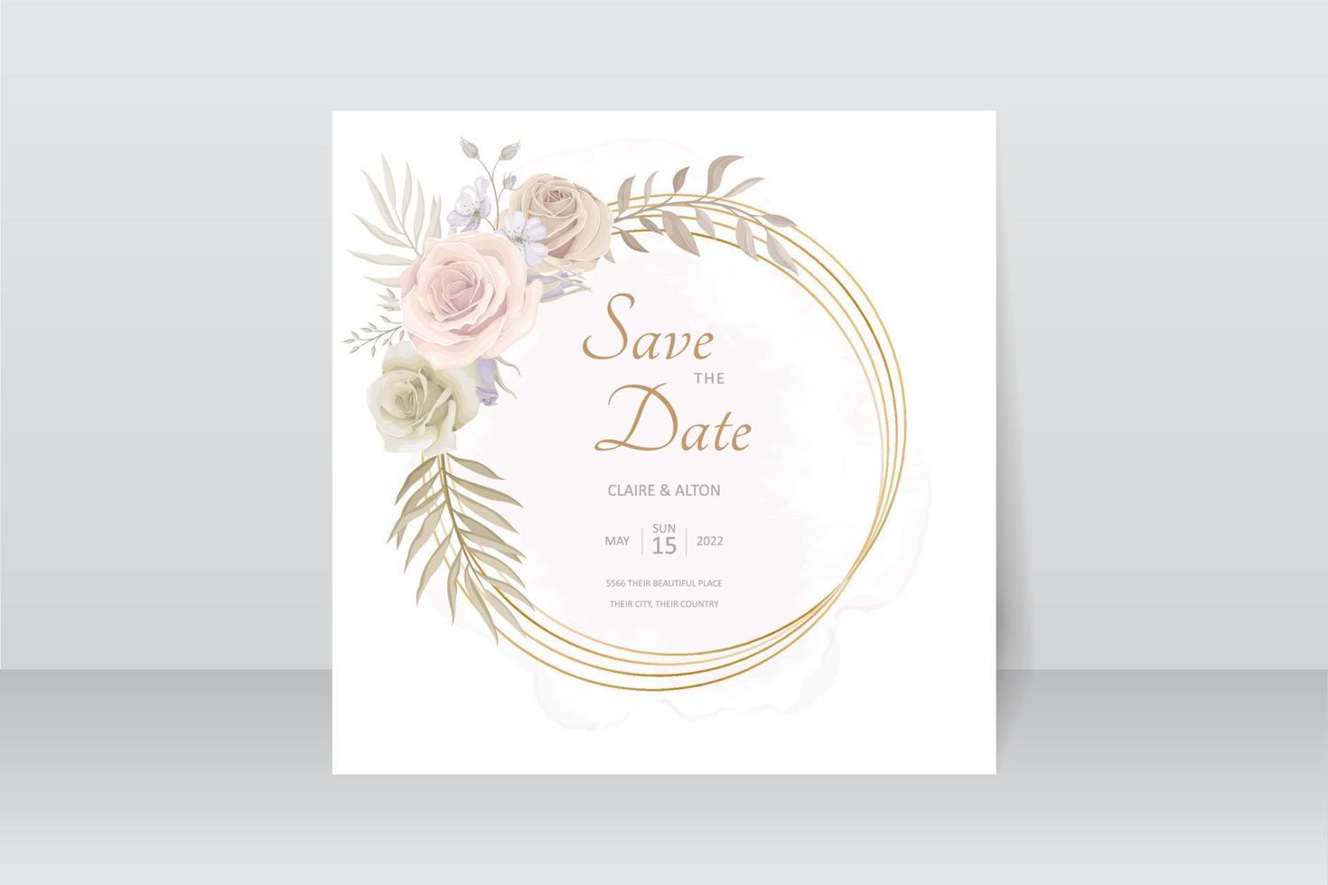 Plantilla de invitación de boda con decoración floral y hojas. vector