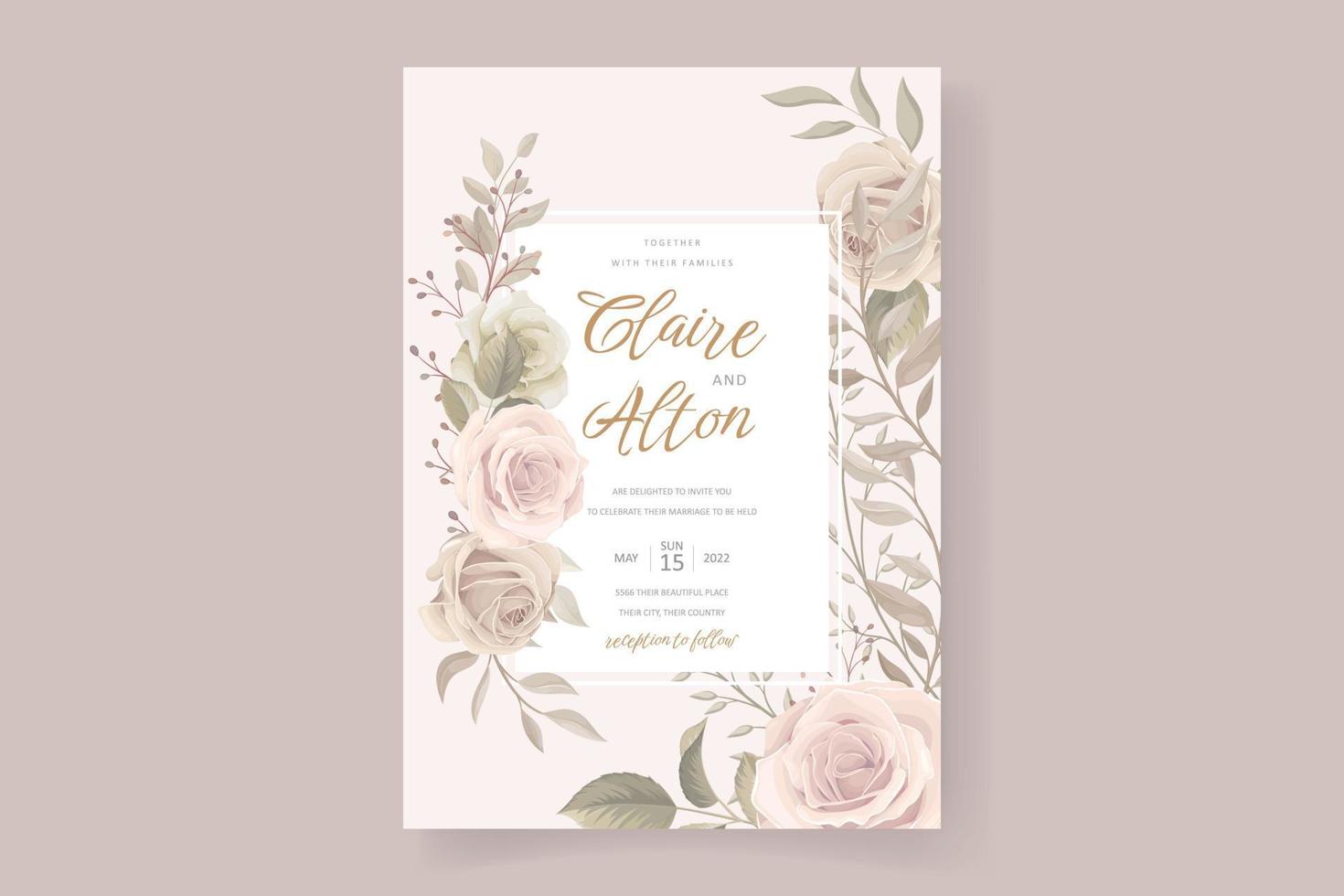 Wedding invitation template set with floral and leaves decoration vector
