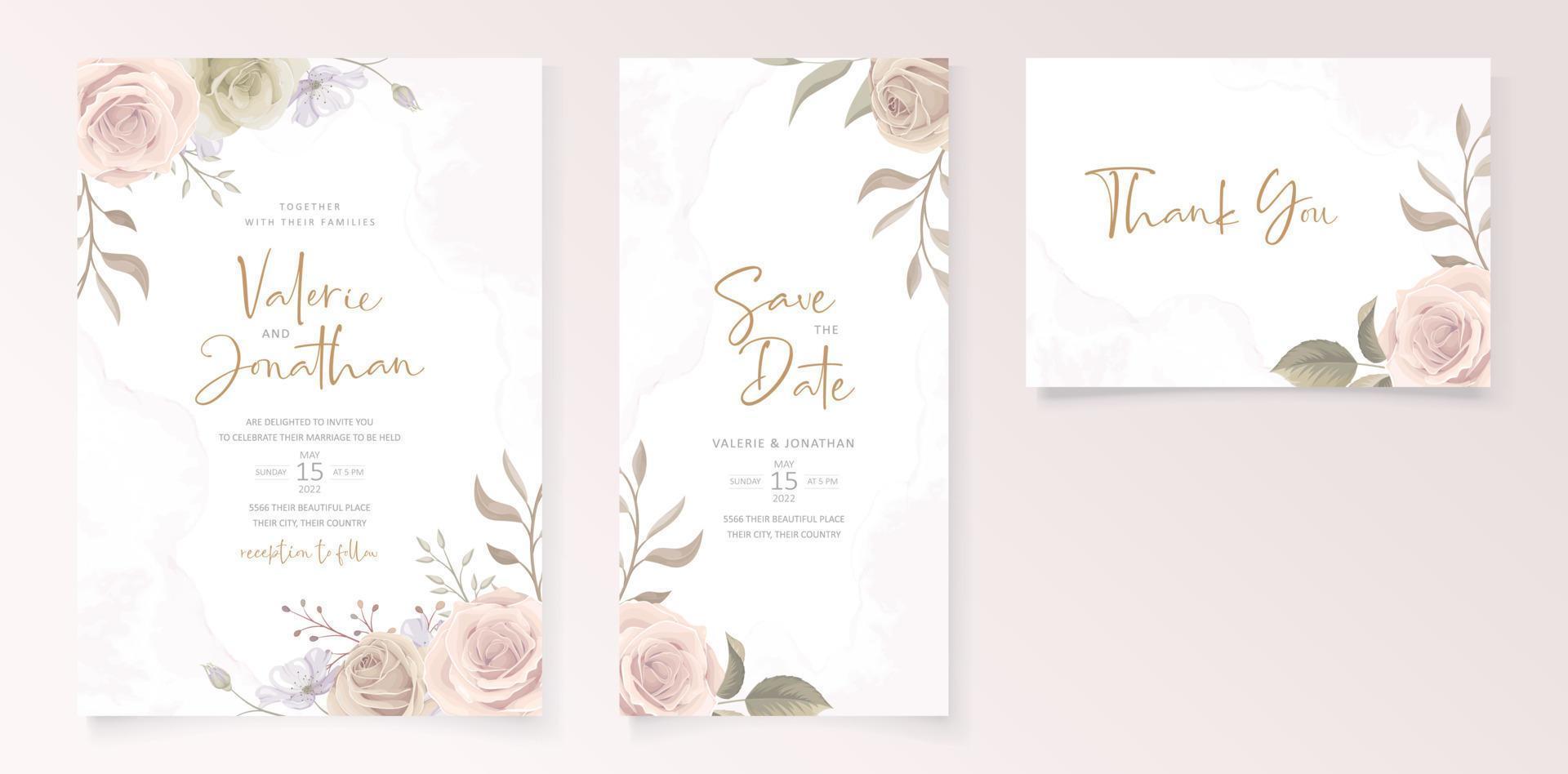 Wedding invitation template set with floral and leaves decoration vector