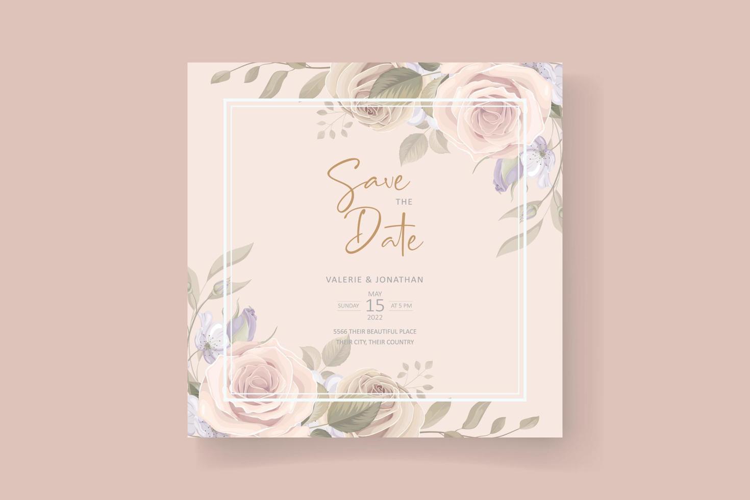 Plantilla de invitación de boda con decoración floral y hojas. vector