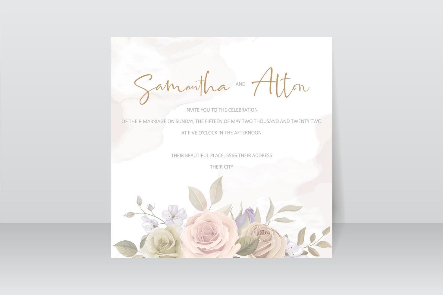 Wedding invitation template set with floral and leaves decoration vector