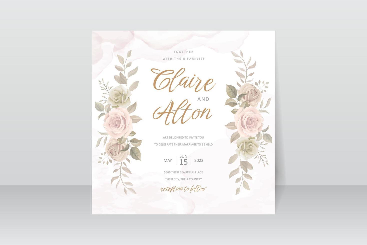 Plantilla de invitación de boda con decoración floral y hojas. vector