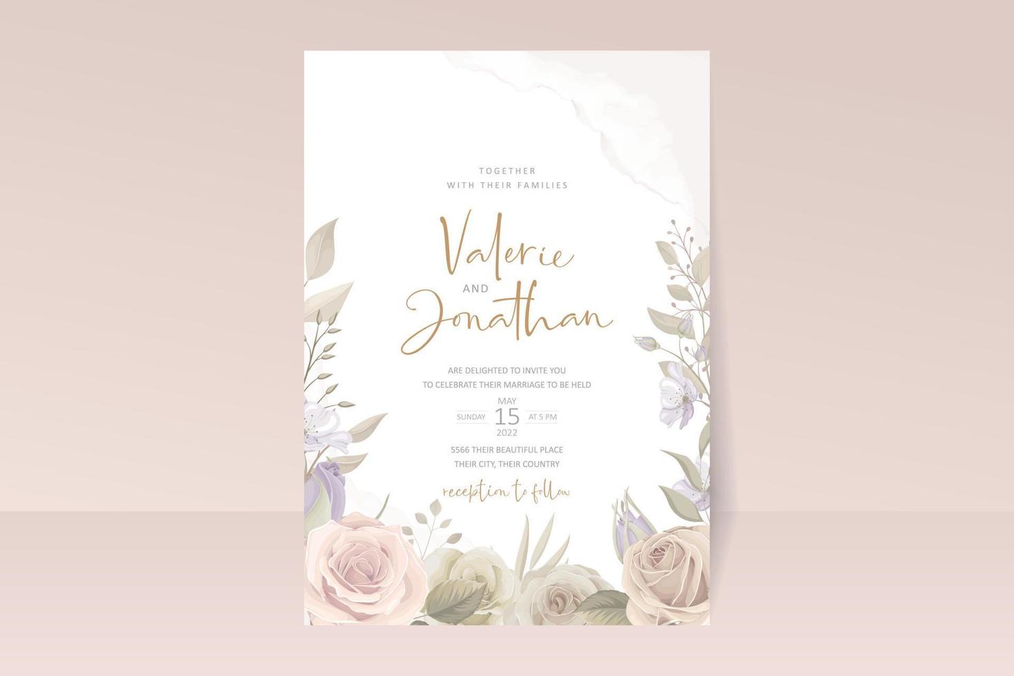 Beautiful hand drawn roses wedding invitation card set vector