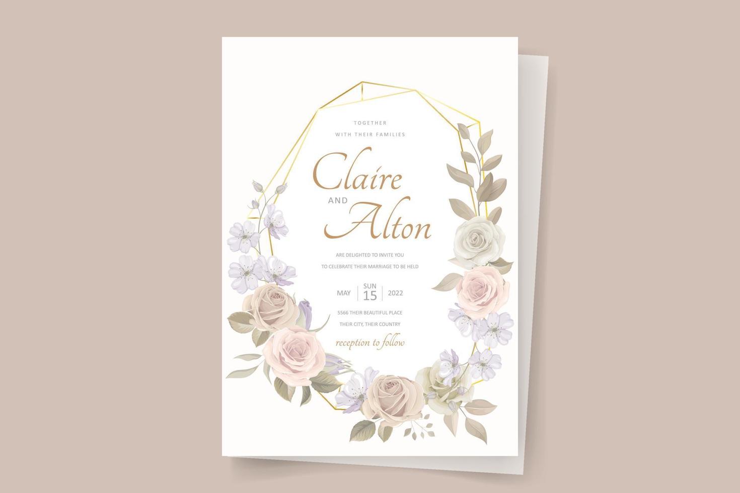 Wedding invitation template set with floral and leaves decoration vector