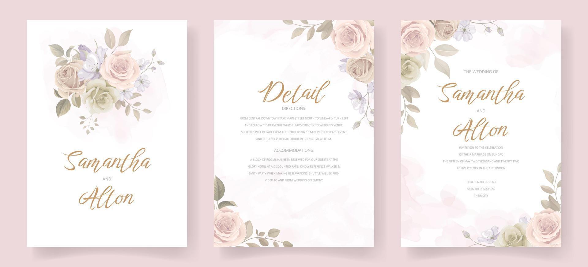 Wedding invitation template set with floral and leaves decoration vector