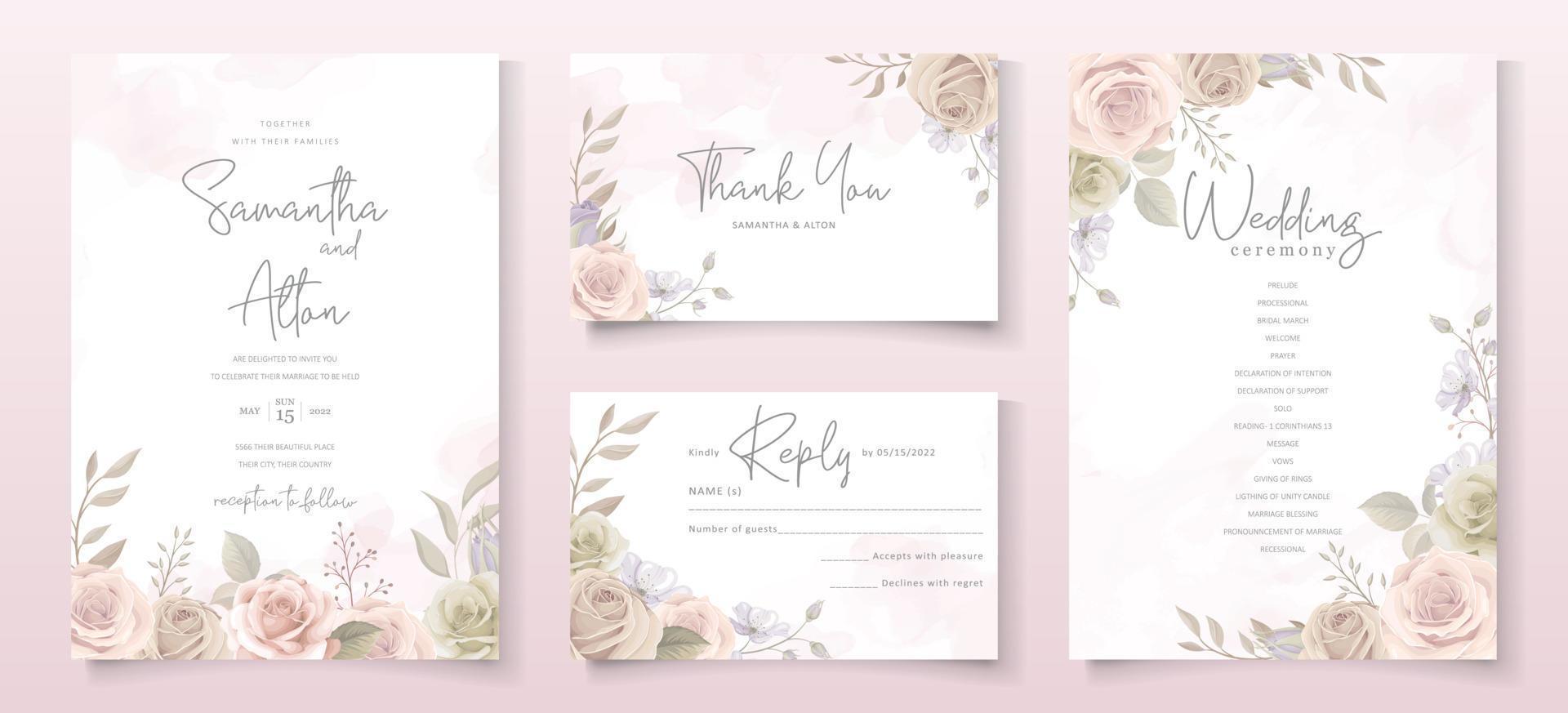 Plantilla de invitación de boda con decoración floral y hojas. vector