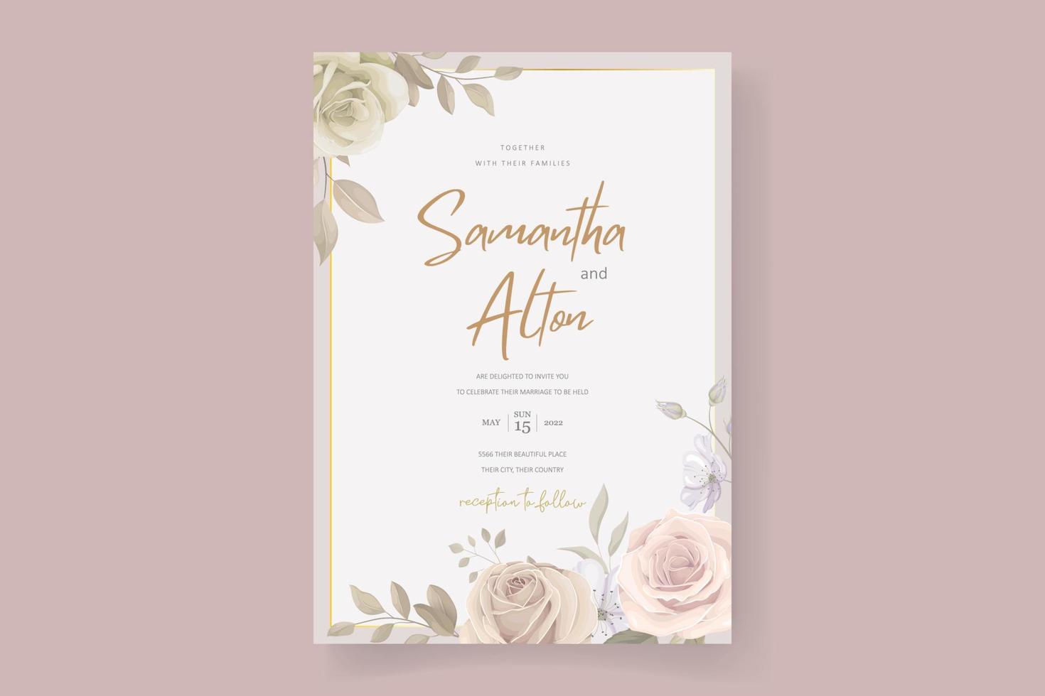 Wedding invitation template set with floral and leaves decoration vector