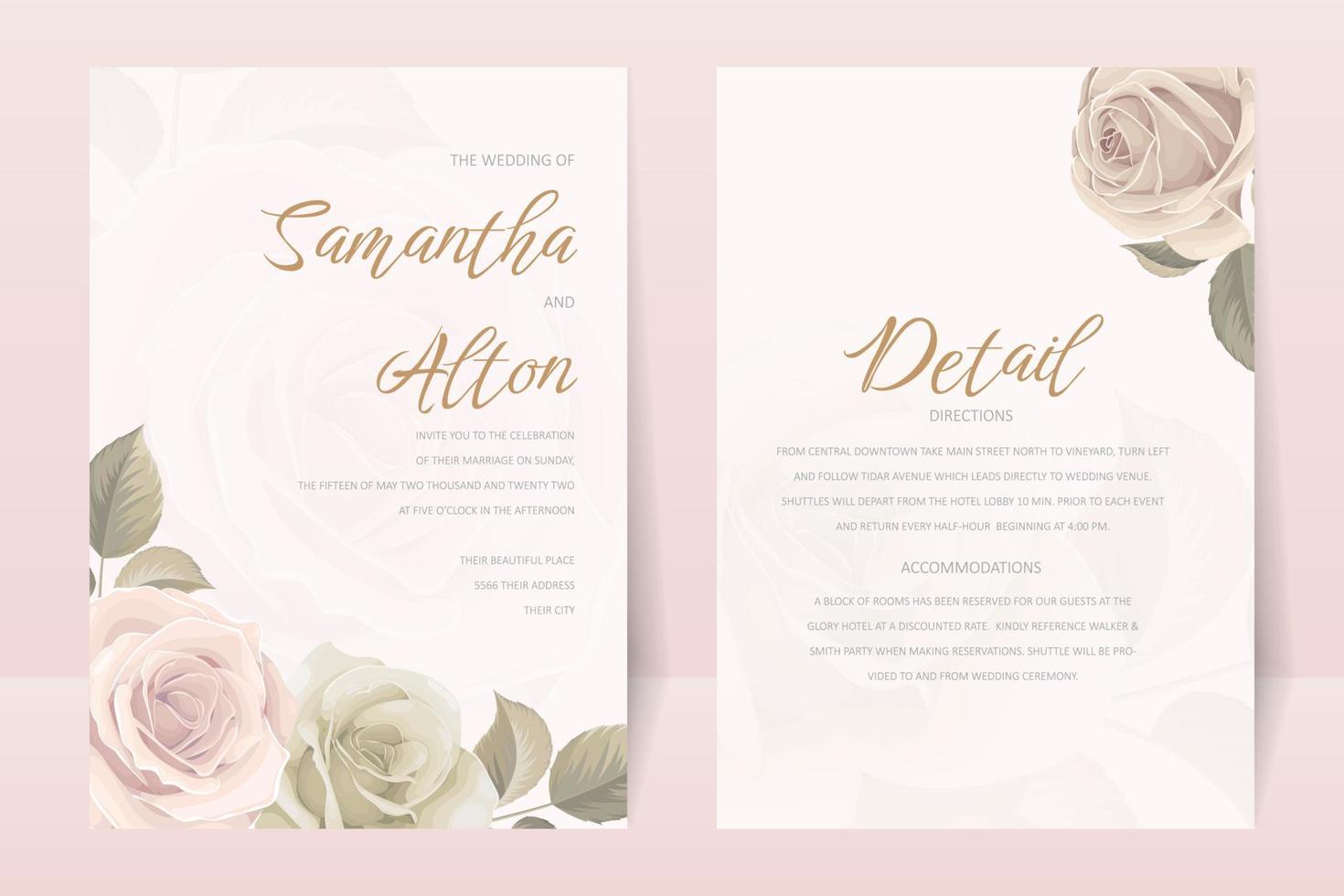 Plantilla de invitación de boda con decoración floral y hojas. vector