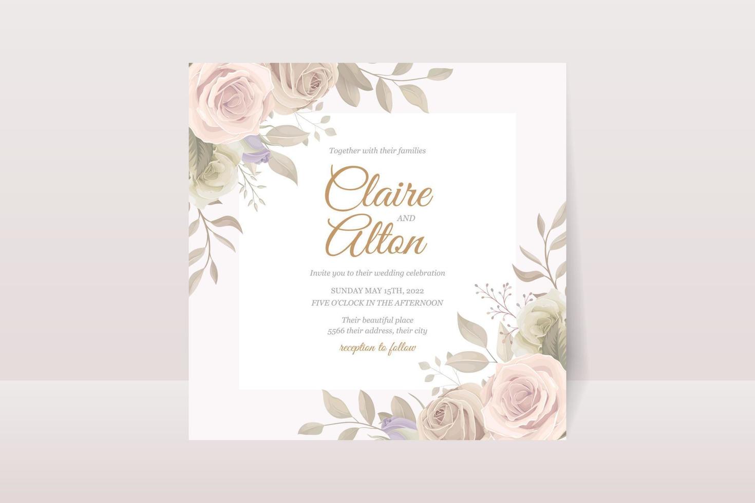 Beautiful hand drawn roses wedding invitation card set vector