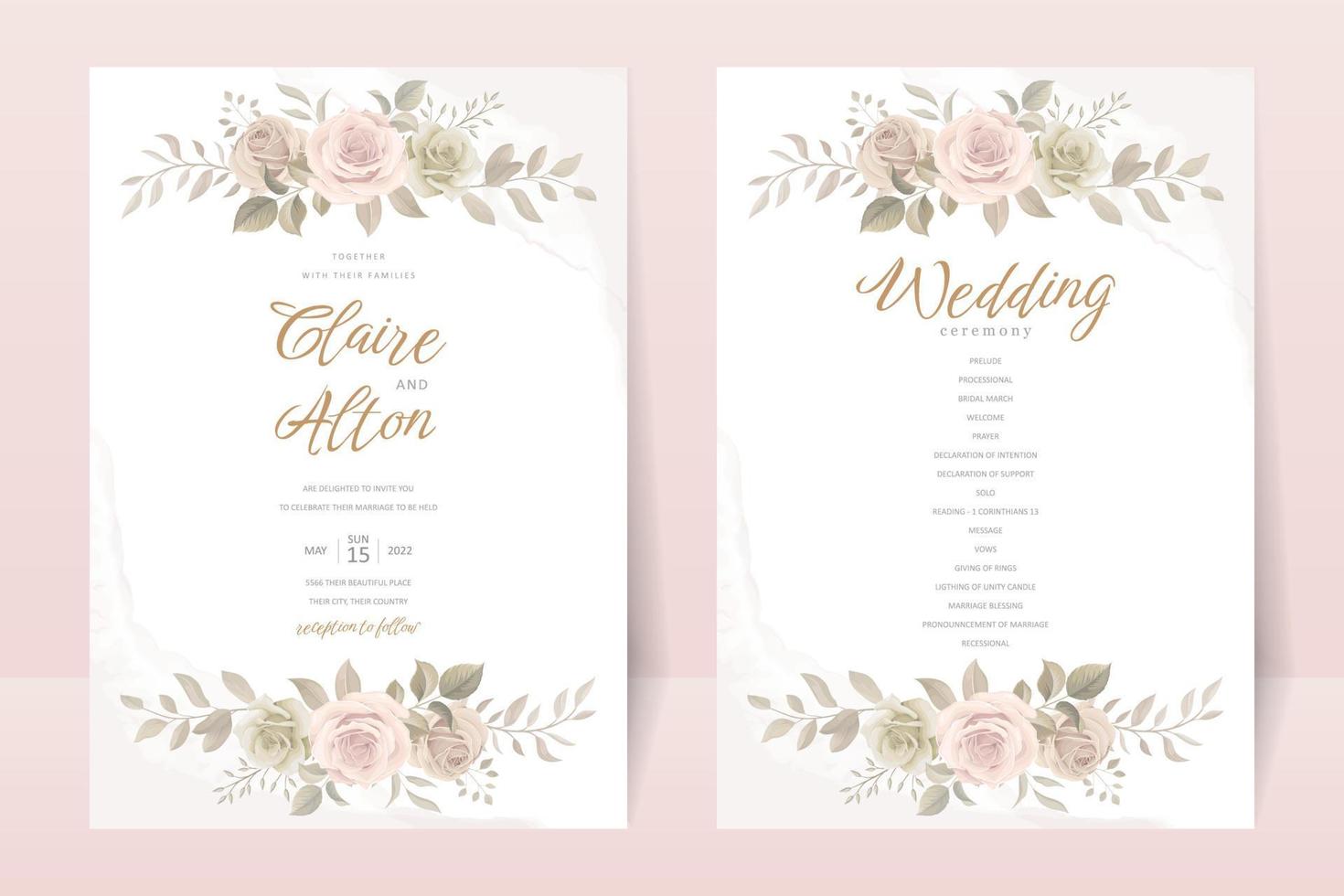 Wedding invitation template set with floral and leaves decoration vector