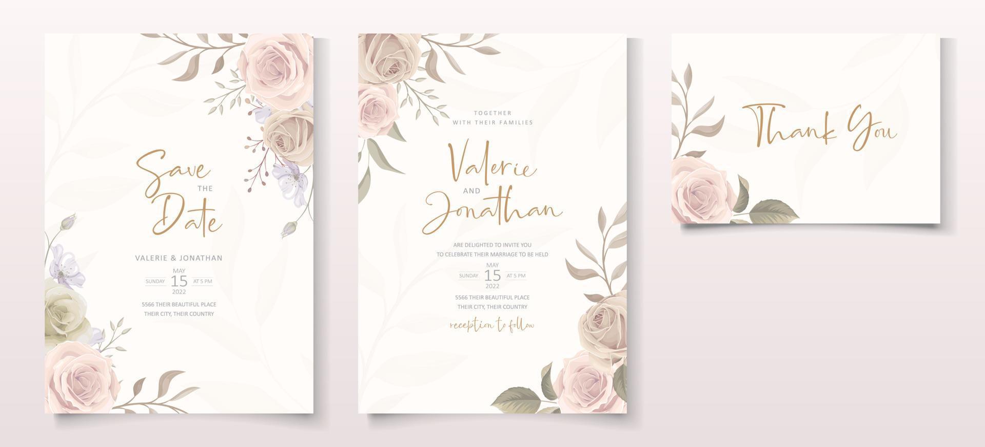 Wedding invitation template set with floral and leaves decoration vector