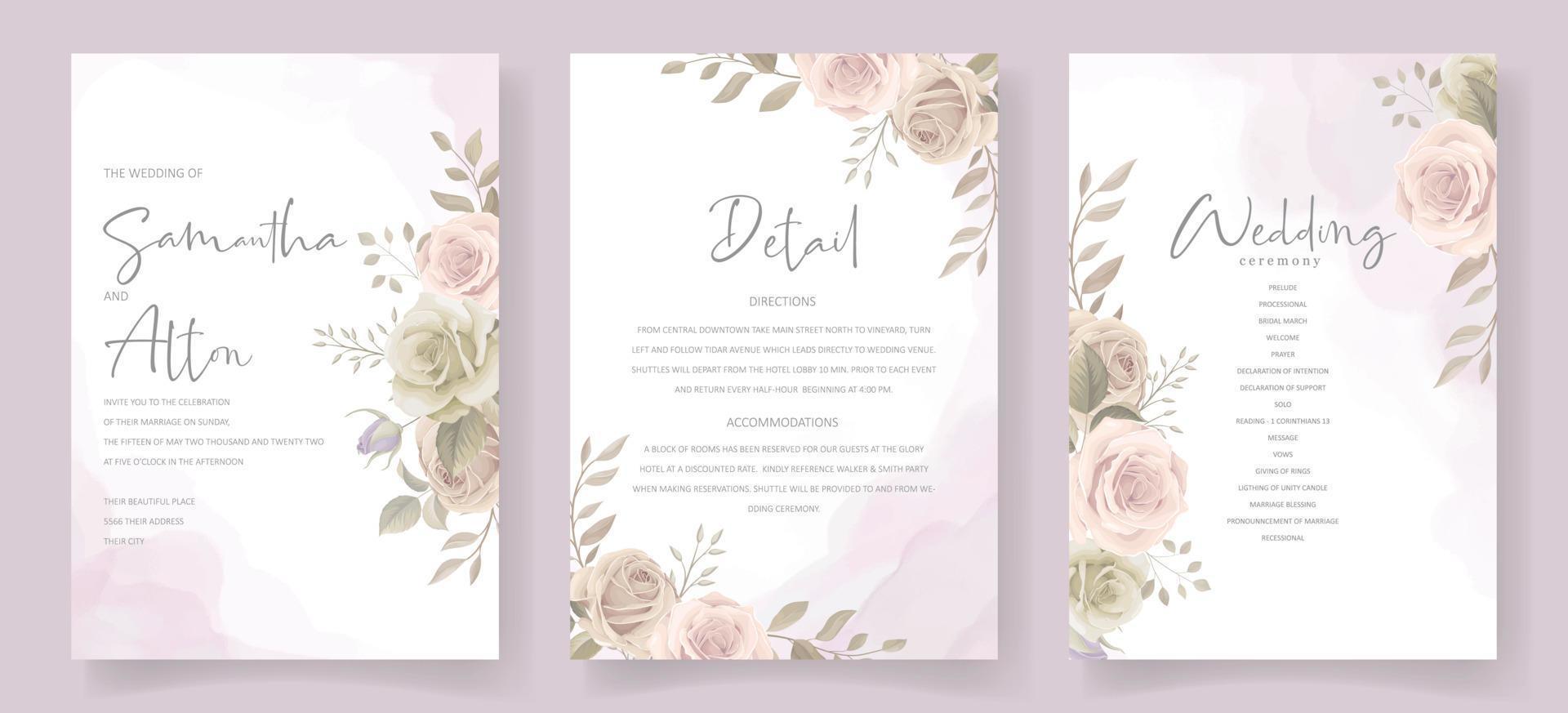 Beautiful hand drawn roses wedding invitation card set vector