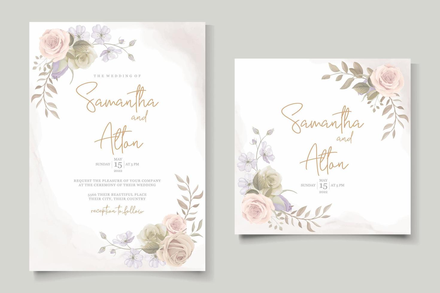 Beautiful hand drawn roses wedding invitation card set vector