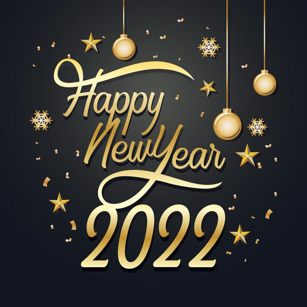 2022 Happy New Year greeting card with golden confetti. Gold and black celebration design. Luxury party template. Merry Christmas poster with text and light number decor. Vector illustration