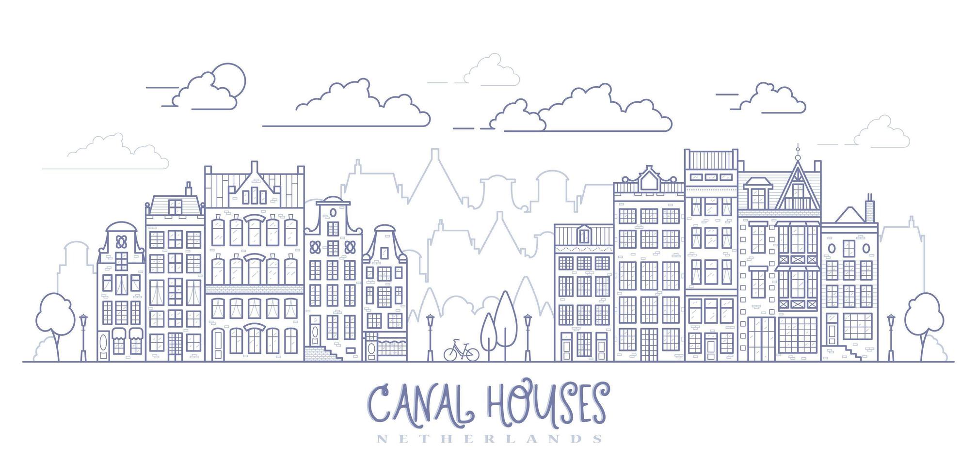 Amsterdam old style houses. Dutch canal houses lined up near a canal in the Netherlands. Building and facades for Banner or poster. Vector outline illustration.