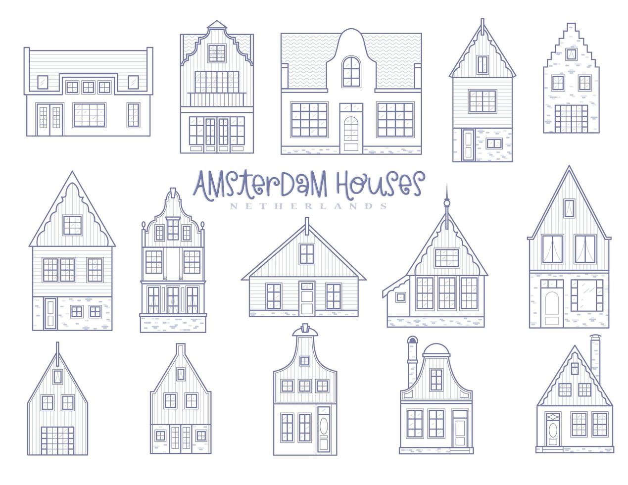 Amsterdam houses. Facades of European old buildings. Holland homes. Vector set outline illustration