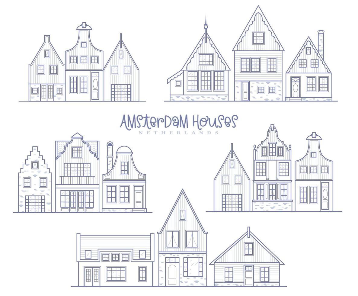 Groups of Amsterdam houses. Facades of European old buildings. Holland homes. Vector set outline illustration