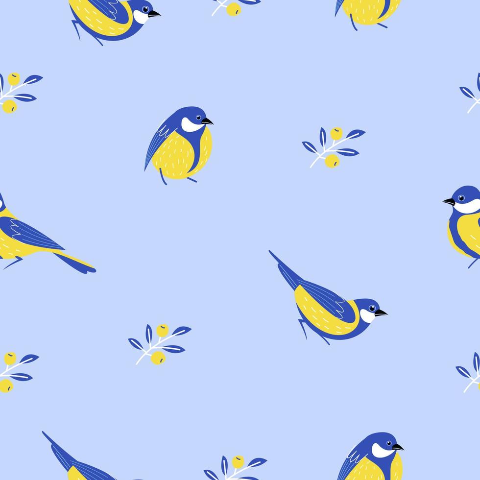 Seamless patterns with birds, flowers, leaves and berries. Vector illustration.