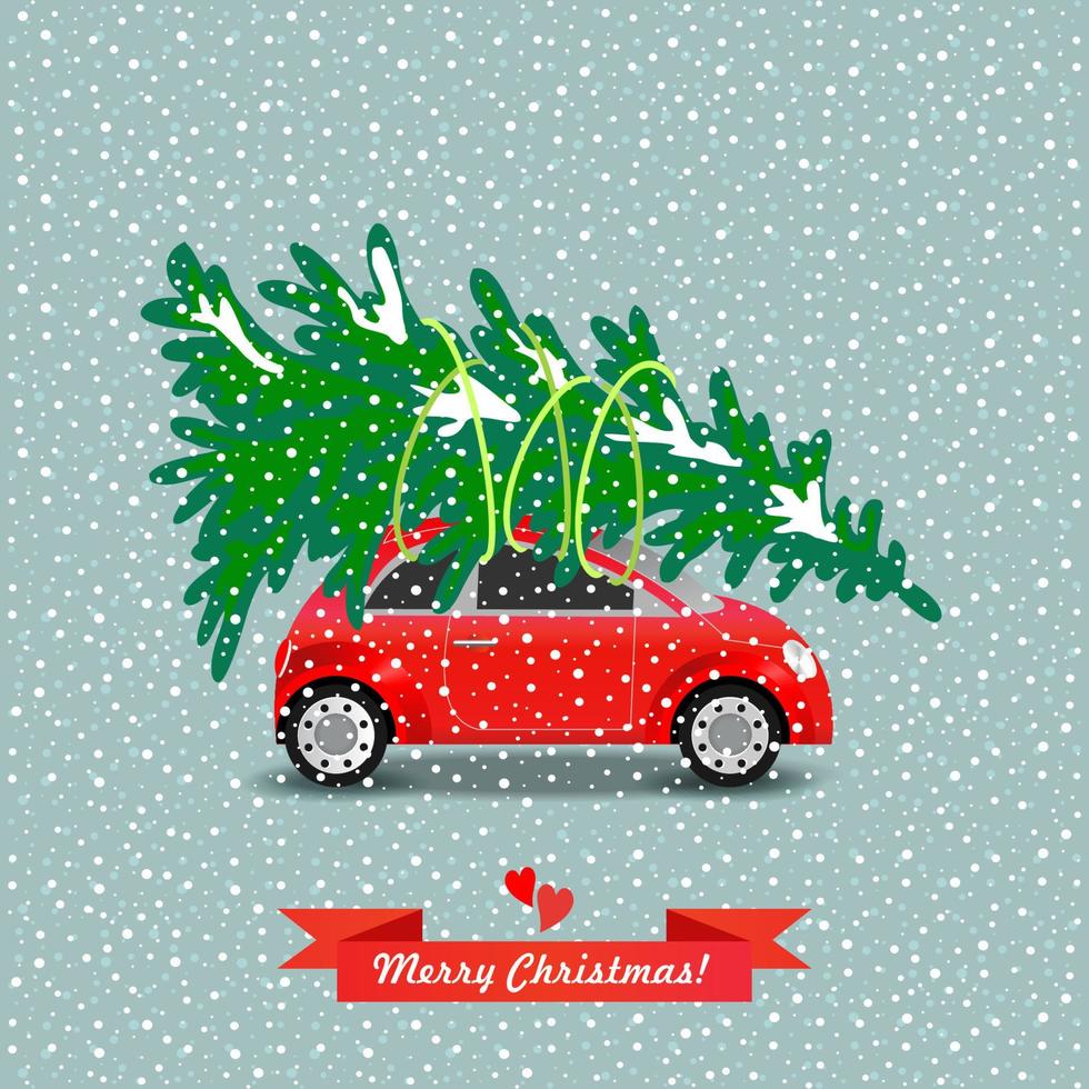 coche rojo lleva el árbol de navidad. ilustración vectorial. vector